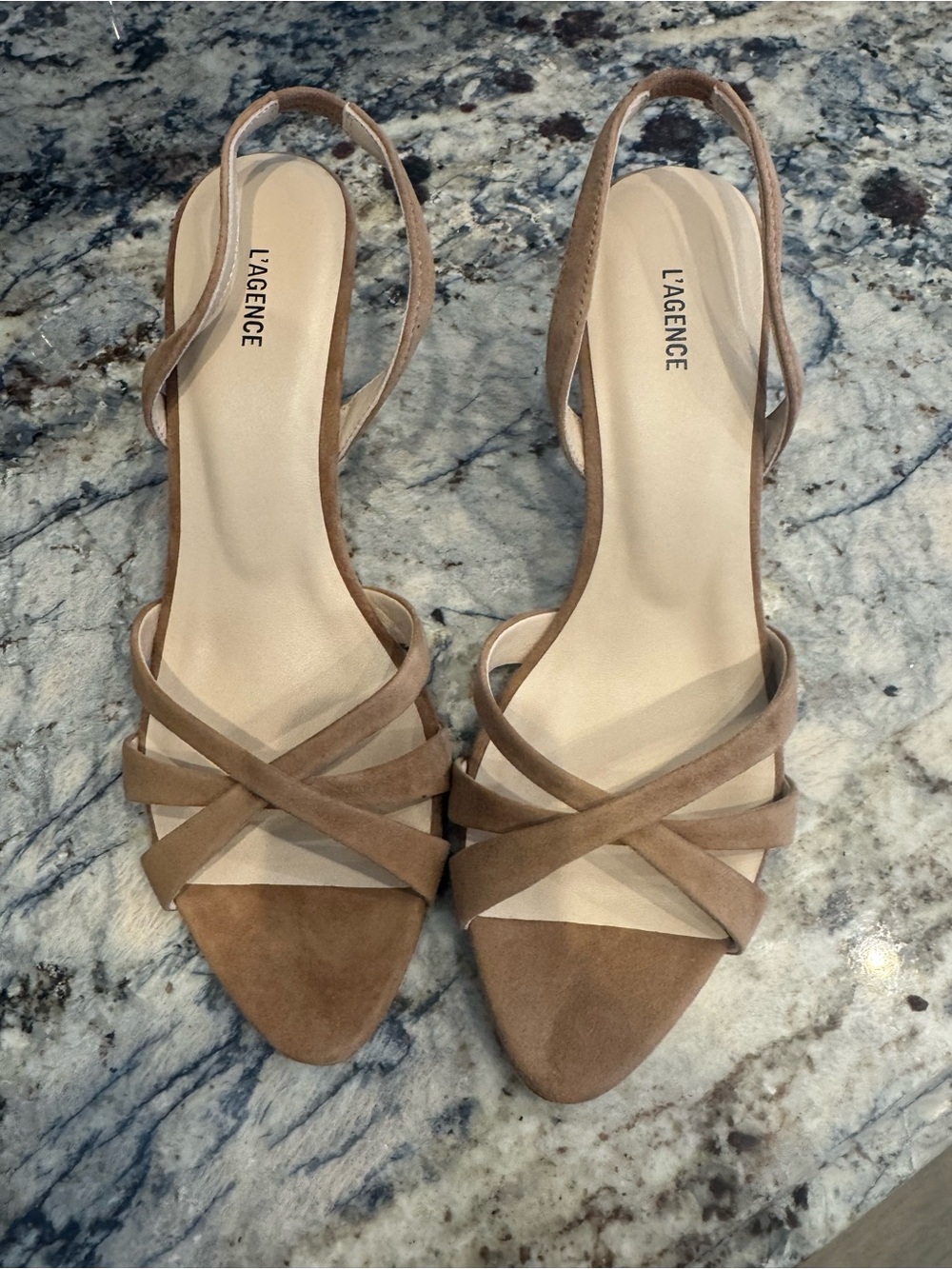 L'AGENCE Camel Suede Crisscross Slingback Heels